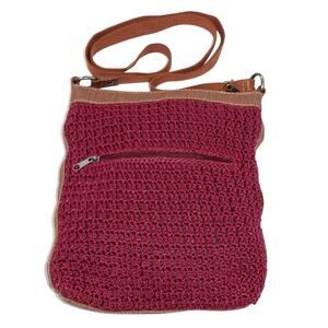 Crochet Purse THE SAK Y2K Maroon Medium Size Lightweight Crossbody with Tan Trim